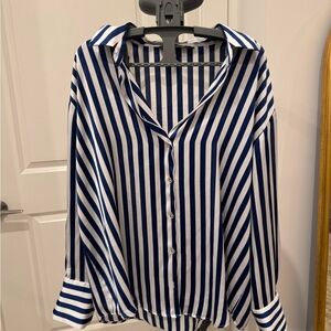 Zara Navy and White Striped Button Down Shirt